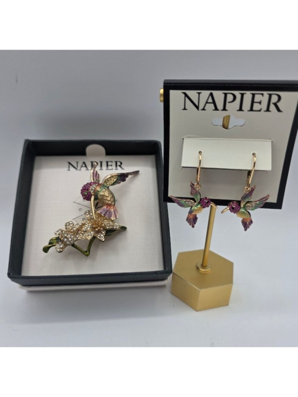 Napier Hummingbird Enamel Earrings & Brooch Set With Rhinestone Accents